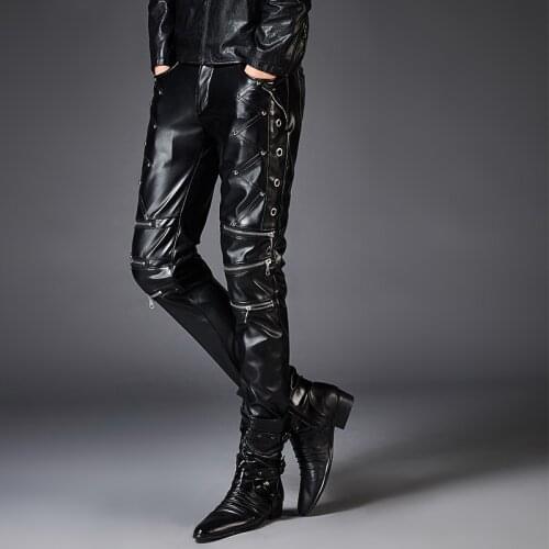 PU Faux Leather Pants For Men Brand Black Fashion Motorcycle Streetwear Punk Hip HOP Bike Trouesr