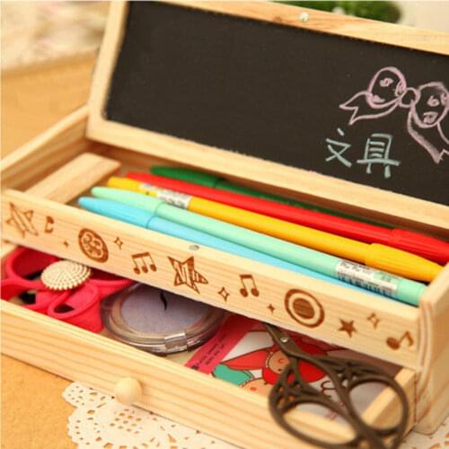 Wooden pencil cases Korean desk accessories pencil box cute pencil case blackboard double layer office supplies stationery case