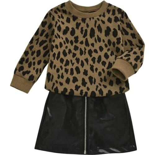 Toddler Kids Baby Girl Leopard Print Long Sleeve Pullover Knit Sweater Tops Zipper Leather Skirt Outfit Clothes Suit