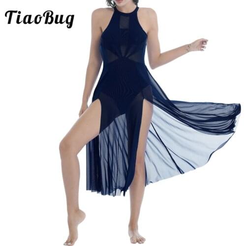 Women Adult Lyrical Dance Dress Sleeveless Illusion Mesh Split Flowy Ballet Leotard Skirt Dancewear