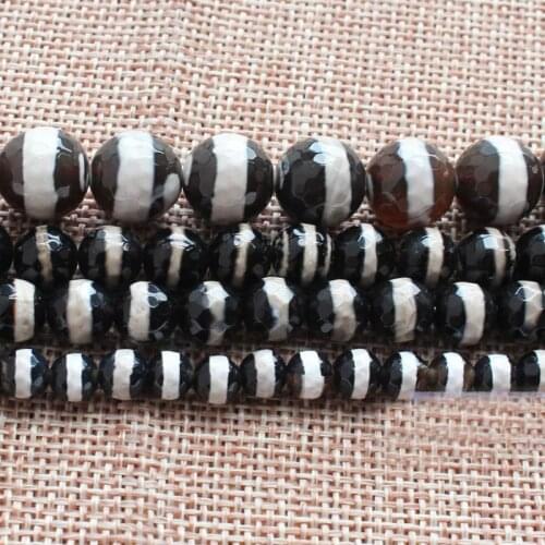 Wholesale 6-12mm Faceted White Stripe Black Fire agates Round Beads 14.5"For DIYJewelry making! Mixed wholesale for all items