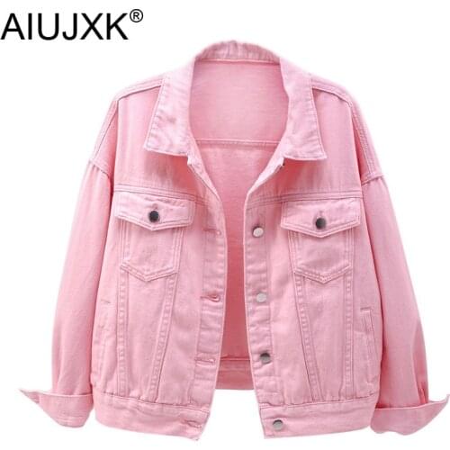 AIUJXK Womens Loose Pink Denim Jacke Spring Fall Short Coat Casual White Purple Yellow Red Loose Jean Jackets Tops Outerwear