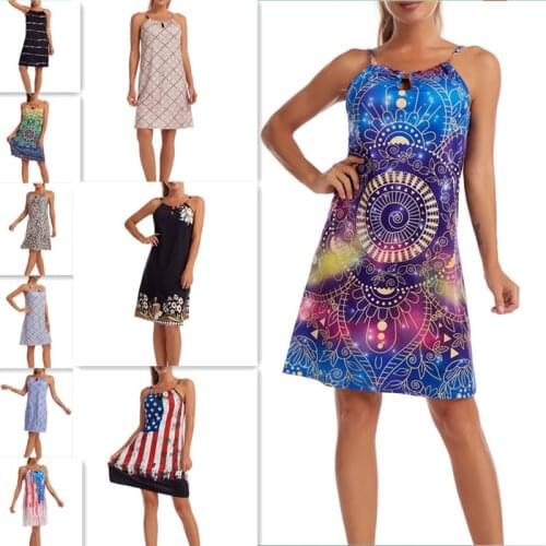 Summer Harajuku Halter Sleeveless Totem Print Dresses 2021 Women Casual Sexy Hollow Out Plus Size Beach A-line FLower Dress Robe