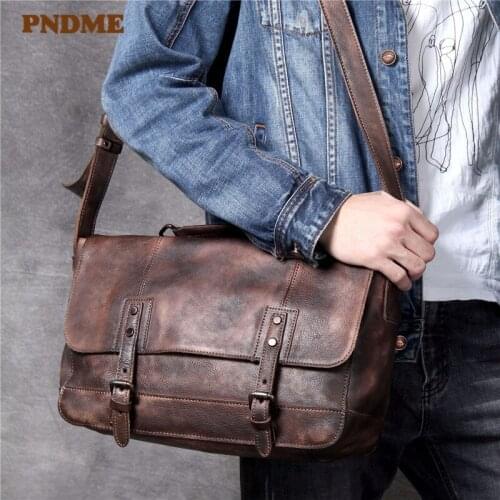 PNDME luxury designer simple genuine leather mens shoulder bag casual vintage large capacity soft cowhide messenger bag handbag