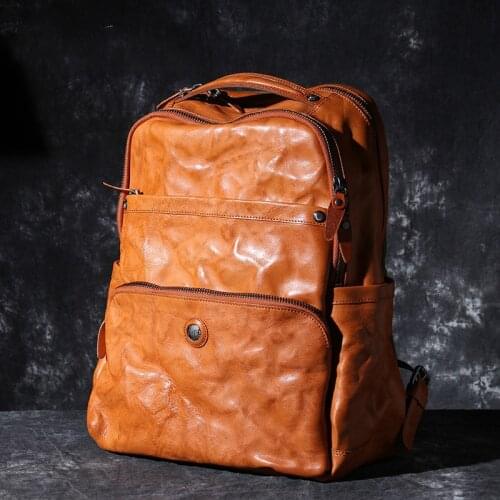 BEST Oxhide Top Layer Cow Leather Shoulder Bag Handmade Head Leather Backpack Cowhide Mens Computer Bag