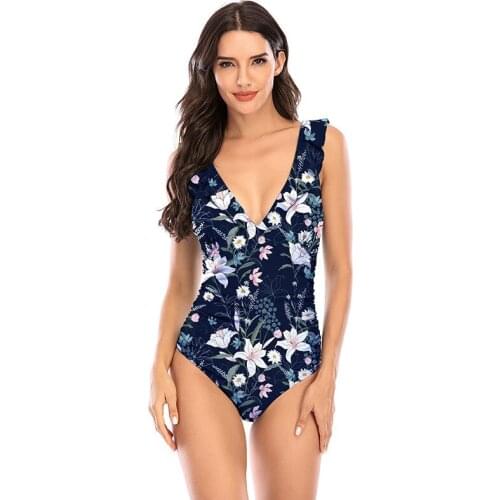 2020 new sexy white one piece swimsuit women lotus edge sexy dark V solid color jumpsuit swimsuit