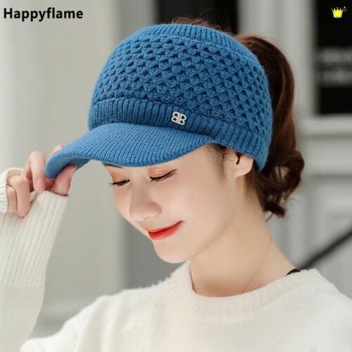 New Winter Hats for Women Sports Elastic Knitted Empty Top Hat Thick Warm Beanies Female Fleece High Ponytail Hat Gorros Bonnet