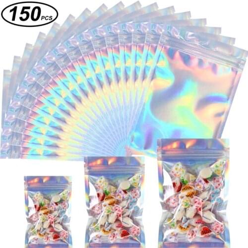 New 150 Pcs Mylar Zipper Closure Bags Aluminum Foil Food Storage Bags Holographic Rainbow Color Mylar Bags Resealable Pouch