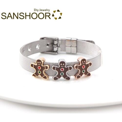 SANSHOOR Coffee Color Gingerbread Man Slide Charms Fit Diy 10mm Wide Wrap Leather Bracelet Wristband Women Christmas Gifts 6Pcs