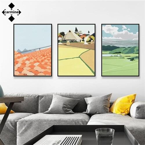 Green Mountain Landscape Poster Idyllic Beautiful Scenery Canvas Painting Village Wall Art Print Pictures Living Room Decoration