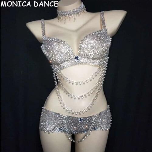 Sexy Stage Silver Rhinestone Pearl Beaded Bra Short Set Women Dancer Bar Show Bikini Wear Prom Party Costume Bikini Set