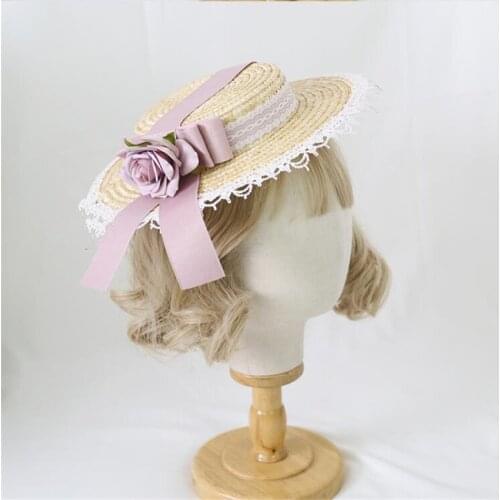 Mori Girl Lolita Lace Straw Hat Gorgeous Elegant Tea Party Flat Cap Lace Bonnet Hat B1745