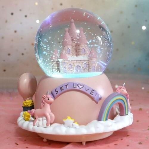 Light Crystal Ball Rotating Music Box,7 in Unicorn Castle Series Snow Globe Glass,Wedding Gift,Girlfriend Gift,Valentines Gift