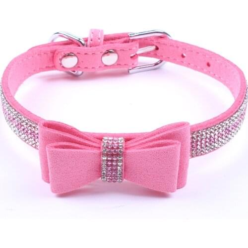 Small Pet Dog Cat Velvet PU Leather Collar Leash Set With Bling Bow Pet Puppy Neck Strap 4 Sizes 3 Colours