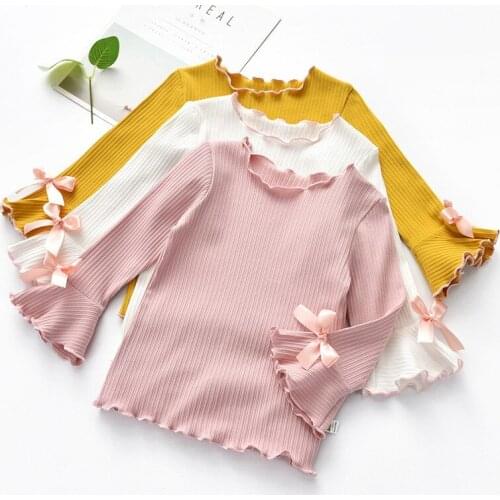 Spring Autumn Baby Girl Long-Sleeved knitting T-shirt Cotton Candy Color Solid Color T-shirt Fashion Sweet Bow Clothe