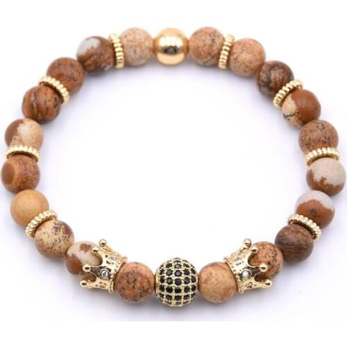 Natural Stone Bead Jewelry Mens Bracelet Popular Pavé CZ Ball and Crown Bracelet Classic Matte Black Jewelry Gift