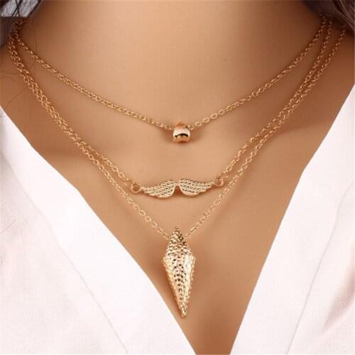 Women fashion diamante wing pendant gold silver color multi layer chain necklace girl