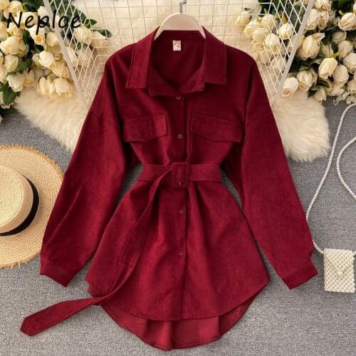 Neploe Chic Sashes Slim Waist Women Blouse 2021 Autumn Elegant Turn-down Collar Femme Blusas Solid Color Single Breasted Shirt