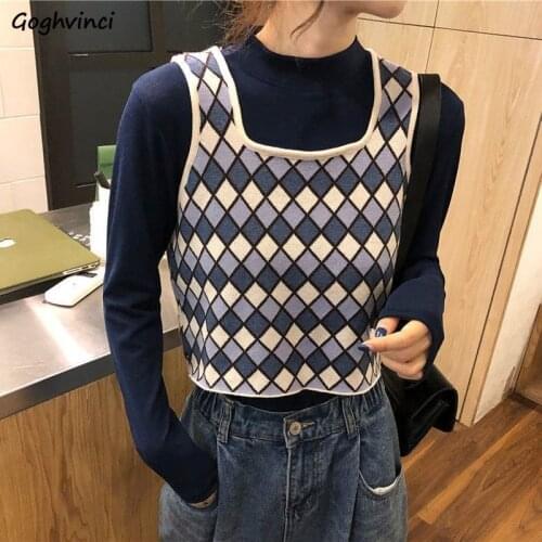 Women Vests Sweater Autumn Square Collar Argyle Short Sleeveless Design Vintage Chic Retro Korean Style Warm Casual Loose Tops