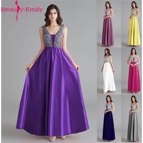 Beauty-Emily Satin Dark Pink Bridesmaid Dresses 2020 V-neck Heavy Beaded A-line Wedding Party Gown Formal Dress Robe De Soiree