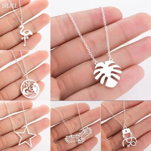 Silver Color Choker Necklace for Women Palm Leaf Nurse Stethoscope Owl Flamingo Star Pendant Necklaces&Pendants Fashion Jewelry