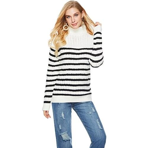 Winter Long Sleeve Oversized Knitted Jumpers Ladies Black White Gray Turtleneck Striped Sweaters for Women Pullover Plus Size