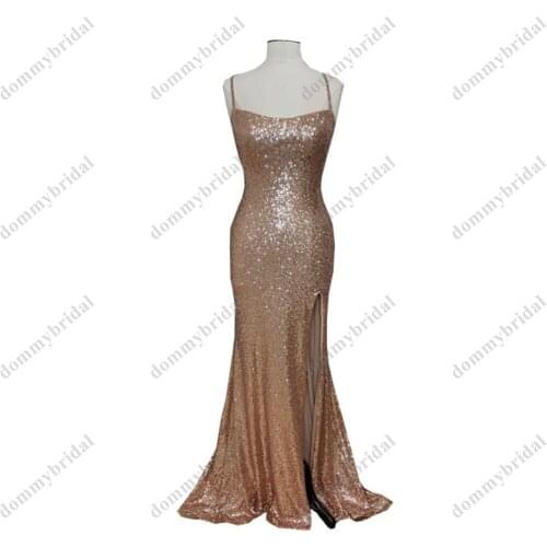 2022 Simple Rose Gold Mermaid Side Slit Prom Formal Evening dresses with Spaghetti Straps Bridesmaid Wedding Guest Party Dress
