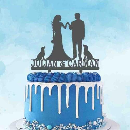 Custom Mr Mrs Name Groom Bride and 2 Dogs Silhouettes Acrylic Cake Topper For Wedding Party Cake Decoration
