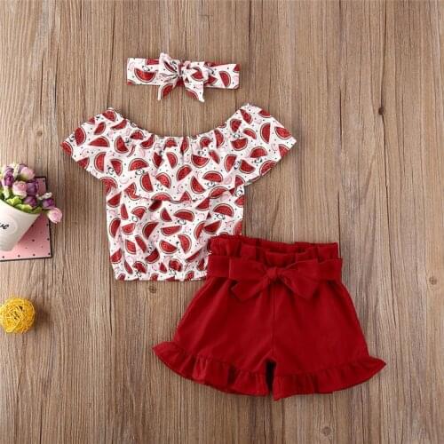 Free shipping Toddler Baby Girl clothes off shoulder pullover Watermelon Print Tops solid Bandage Ruffle Shorts bow Headband 3pc