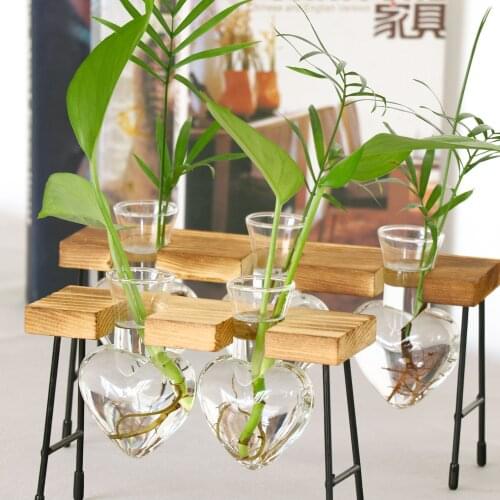 Hydroponics Flower Pot Planter Vintage Wood Vintage Décor Vase Heart Shape Terrarium Glass Plant Pot Table Desktop FlowerPot