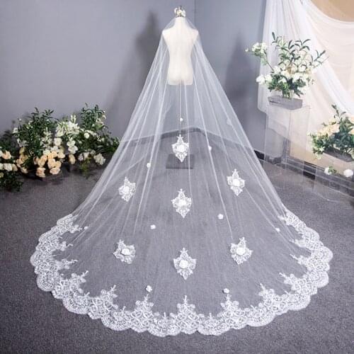 Hot Sale New Long Veil Bride Veil Wedding Veil Luxurious Applique Wedding Accessories Veu De Noiva Ivory 3.8M Lace Edge