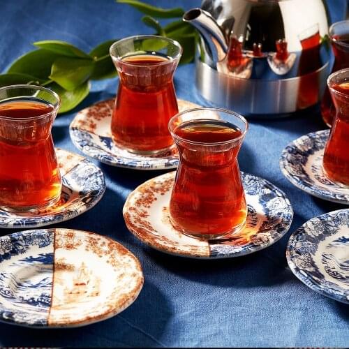 Karaca Coffee Blue Orange Double Patterned Cup 12 Piece Tea Set