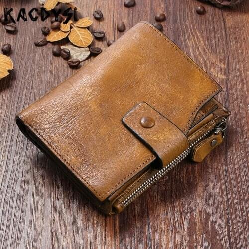 Vegetable Tanned Leather Retro Short Men Wallet Billfold Brush Color Real Leather Mens Purse Designer Card Passcard Money Pocket