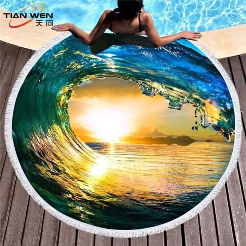 Sea Wave Microfiber Round Beach Towel Indian Flower Tassels Thick Serviette Quick Compressed Towel Tapestry Yoga Mat