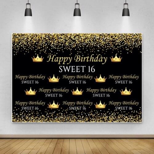 Laeacco Sweet 16th Birthday Party Decor Backdrop Golden Glitter Dots Light Bokeh seamless Princess Crown Photography Background