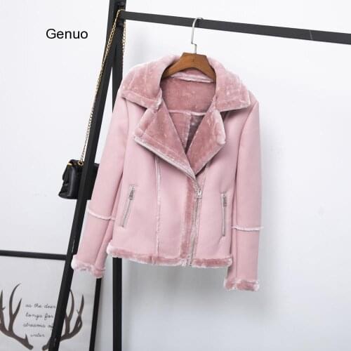 New Women Winter Faux Lamb Leather Jacket Black Pink Punk Lambs Wool Fur Collar Jacket Female Warm Thick Outerwear