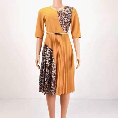 Pleated African Dress Women 4XL Plus Size Half Sleeve Leopard Splice Robes Fashion Bazin Riche Dashiki African Office Lady Dress