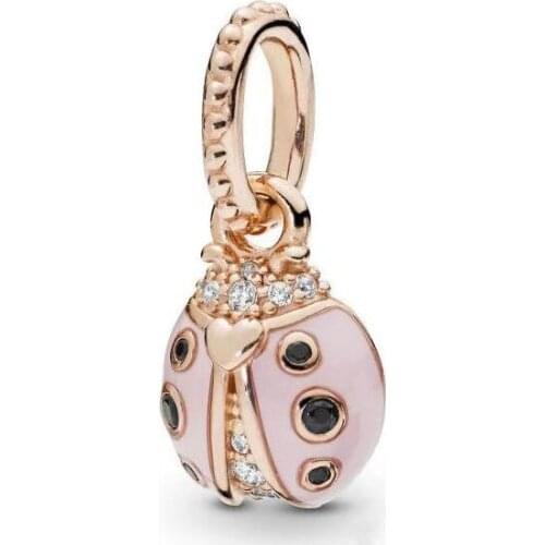Genuine 925 Sterling Silver Bead Charm Rose Lucky Pink Ladybird Pendant Beads Fit Pan Bracelet & Necklace Diy Jewelry
