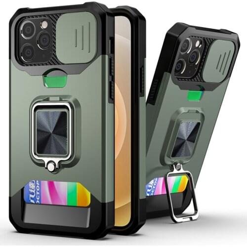 Slide Lens Protection Card Slot Phone Case For iPhone 12 11 Pro Max XS Max X XR 7 8 Plus Magnetic Ring Holder Shockproof Cover