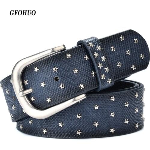 Woman belts Star geometric rivet pin buckle PU belt for women European fashion top quality faux leather strap for jeans