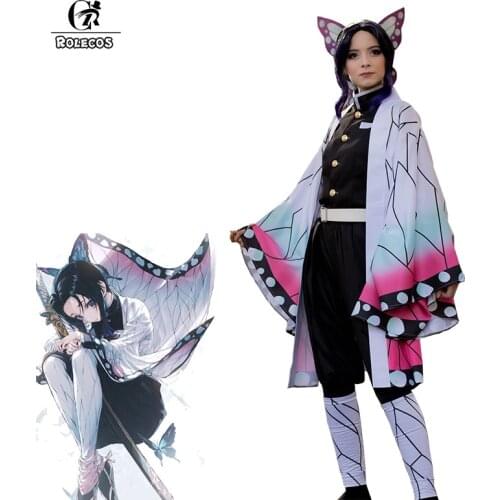 ROLECOS Anime Demon Slayer Cosplay Costume Kochou Shinobu Kimetsu no Yaiba Cosplay Costume Halloween Women Kimono Uniform Cloak