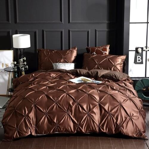 100% Washed Silk Luxury Bedding Cover Set Pull Flower Duvet Cover+Pillowcase 2-3PCS Soft Solid Bed Linens Nobel Brown