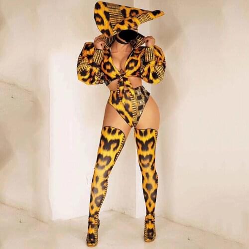 Leopard Print Puff Sleeve Shorts Legging Outfit Hat Headwear Stage Costume Women Gogo Nightclub Bar DS Festival Outfits DN7264