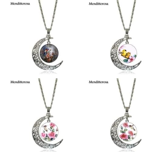 Mendittorosa Flower Bird Vintage Jewelry Silver Plated With Glass Cabochon Crescent Moon Choker Long Pendant Necklace For Women