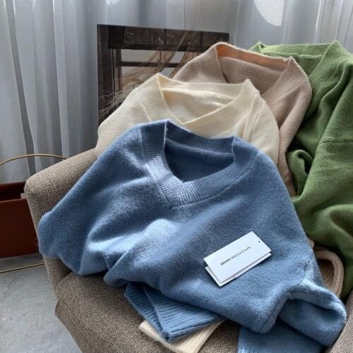 V-neck Knitted Sweater Women Loose Oversize Winter Pullover Female Sweater Plus Size Long Sleeve Women Tops