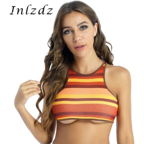 Womens Summer Striped Sleeveless Yoga Gym Cropped T-shirt Casual Round Neck Ribbed Vest Slim Fit Crop Top for Music Festival