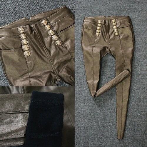 2021 spring metal double-breasted pu leather stitching trousers women high-waisted gold high-elastic skinny pants