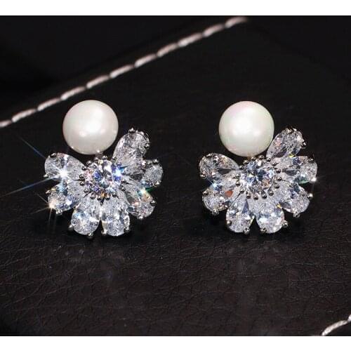 S925 Sterling Silver Color Bling CZ Zircon Stone Flower Pearl Stud Earrings for Women Korean Earrings Fashion Jewelry