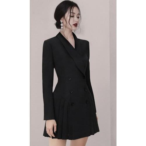 Women Blazer Dress Suits Formal Dress Jacket Long Sleeve Turn-down Collar Slim OL Suit Dress Pleated Skirt Female Outfits 2019