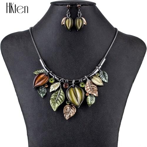 MS1504796 Fashion Jewelry Sets High Quality Necklace Sets For Women Jewelry Green Crystal Resin Leaf Design Party Gift